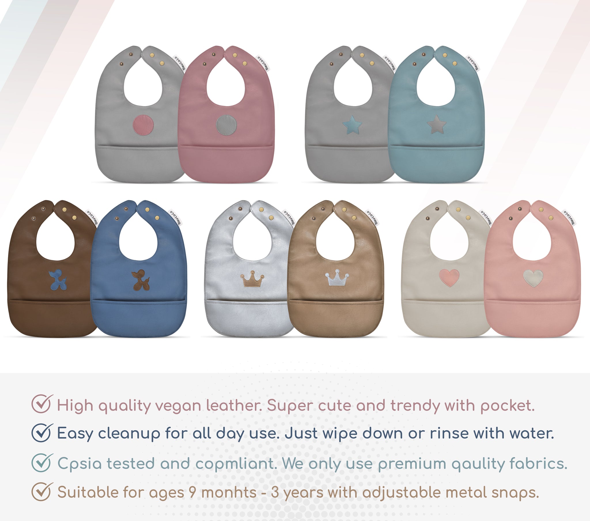Trendsetter- Set of Soft Vegan Leather Easy Clean Bibs 12-24 Months – Bleu  La La
